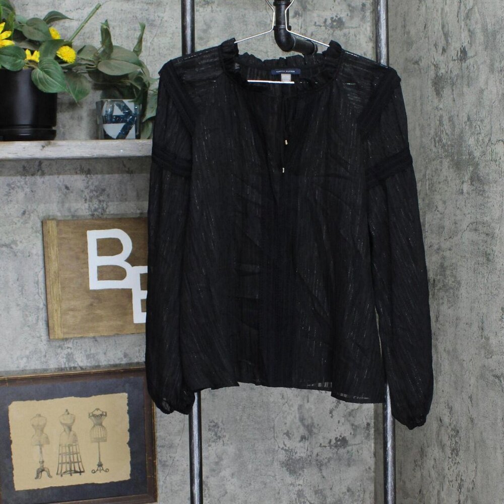 NWT Tommy Hilfiger Women's Textured Split-Neck Top H38T201A M Black - Picture 4 of 7